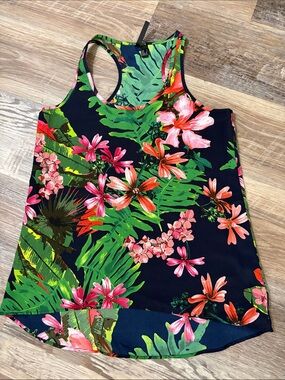 Floral Racerback Tank Top in Navy with Green & Pink Print